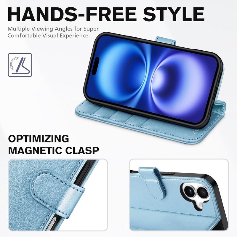 TUCCH Case Wallet for iPhone 16 5G, [RFID Blocking] 4 Card Holder Stand [Shockproof TPU Interior Case] PU Leather Magnetic Protective Flip Cover Compatible with iPhone 16, Shiny Light Blue - Image 4